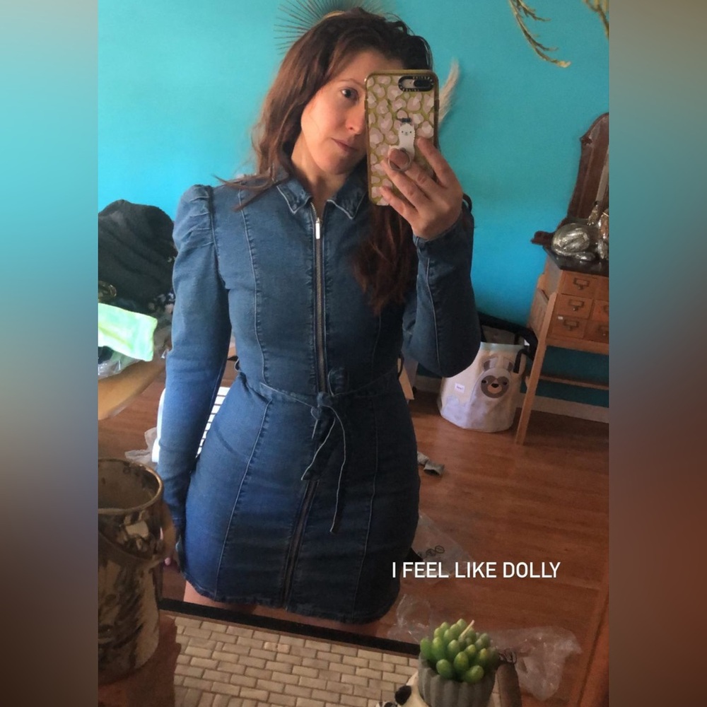 NWT Bershka Shirt Mini Dress Long Sleeve Denim Belted Puffy Sleeves Western sz M - Picture 5 of 13